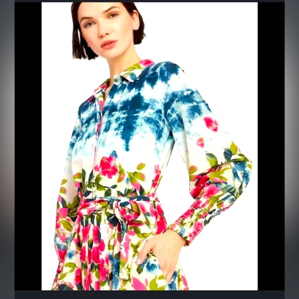 MISA floral tie dye BETTINA NWOT Smocked Tie-Waist Midi Dress XS Shirtdress $510 - Picture 2 of 9